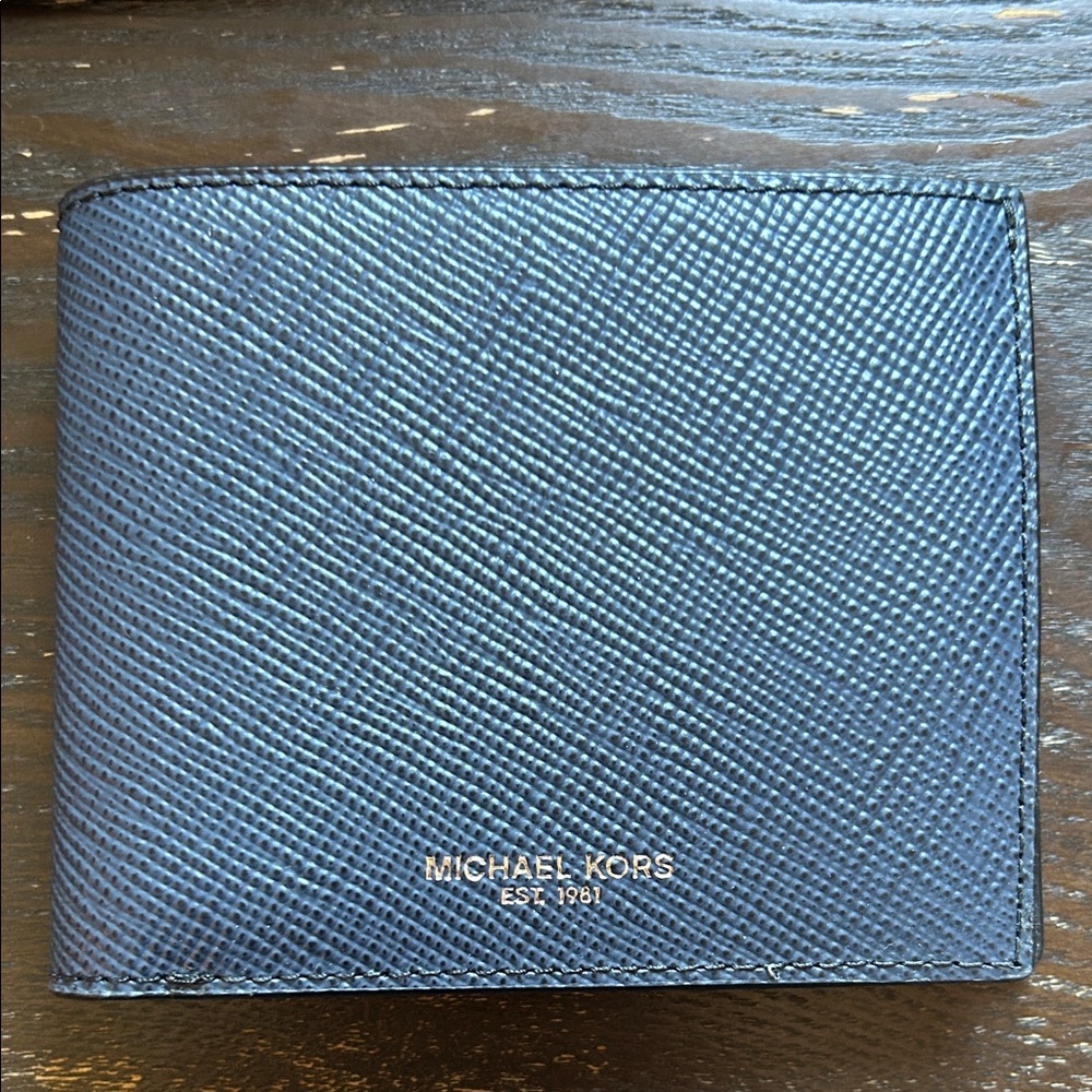 Michael Kors Men's Blue Saffiano Leather Bifold Wallet with Gold Logo